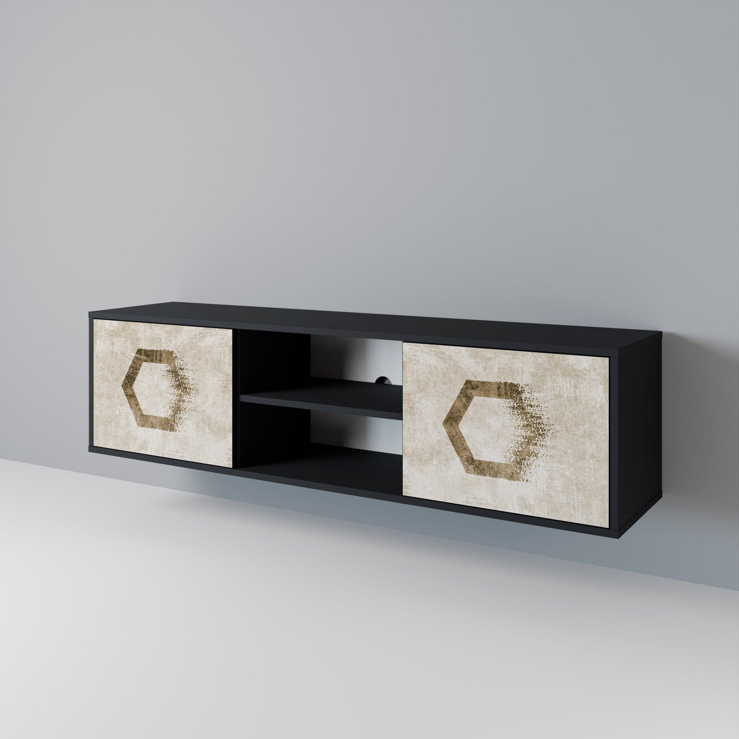 HEXAGONAL SHAPES 2-Door TV Stand in Black Finish