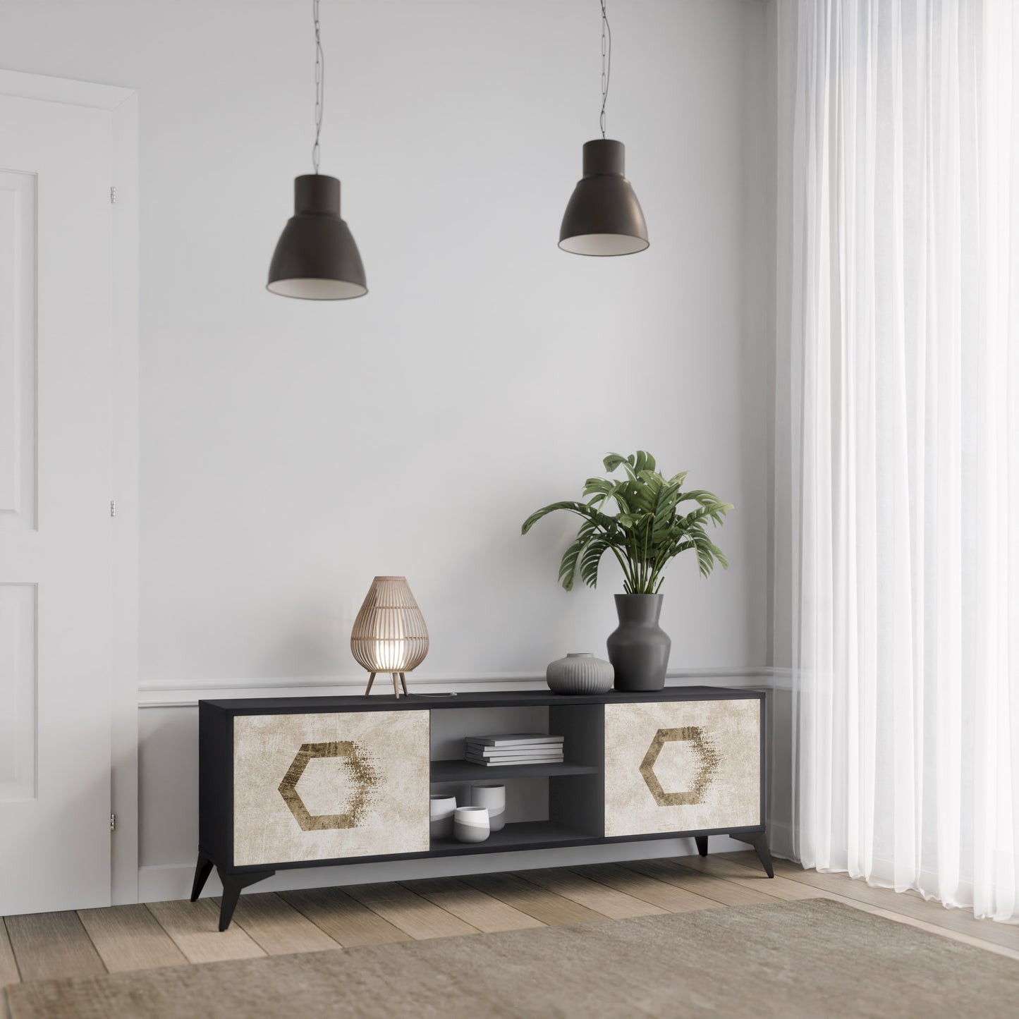 HEXAGONAL SHAPES 2-Door TV Stand in Black Finish