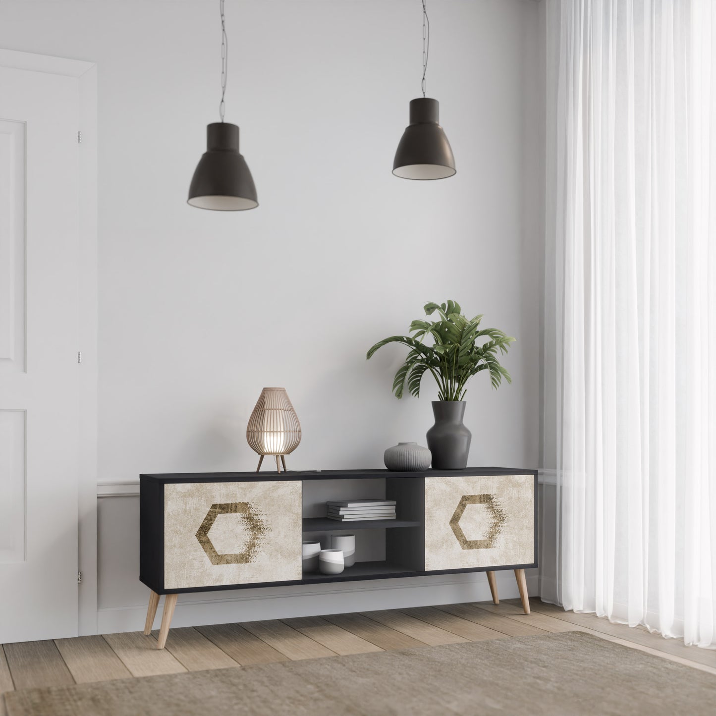 HEXAGONAL SHAPES 2-Door TV Stand in Black Finish