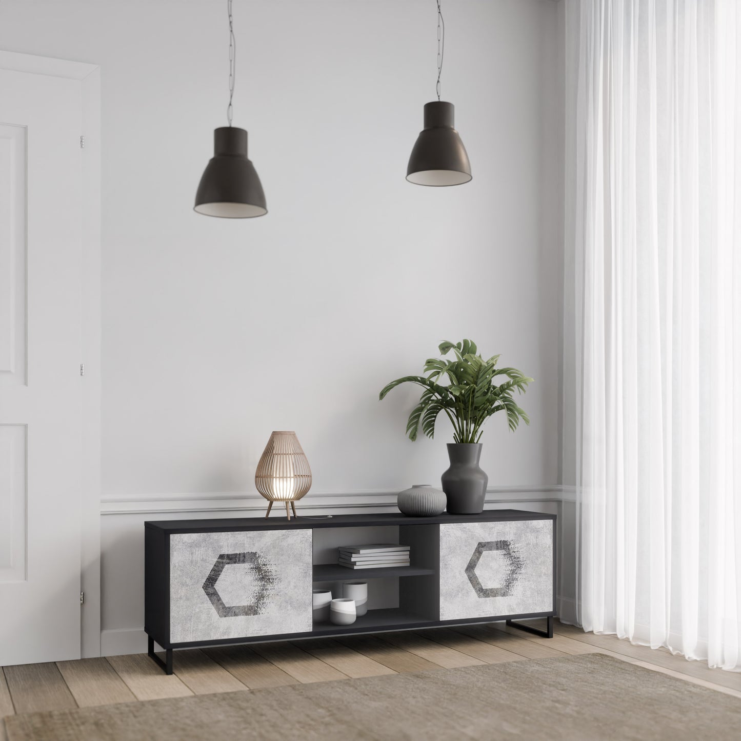 HEXAGONAL FIGURES 2-Door TV Stand in Black Finish