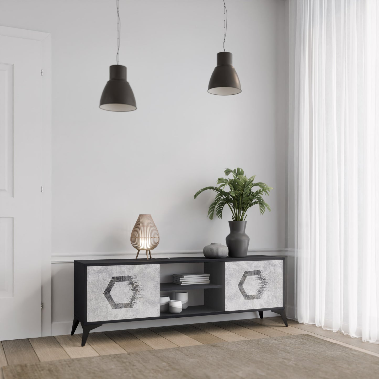 HEXAGONAL FIGURES 2-Door TV Stand in Black Finish