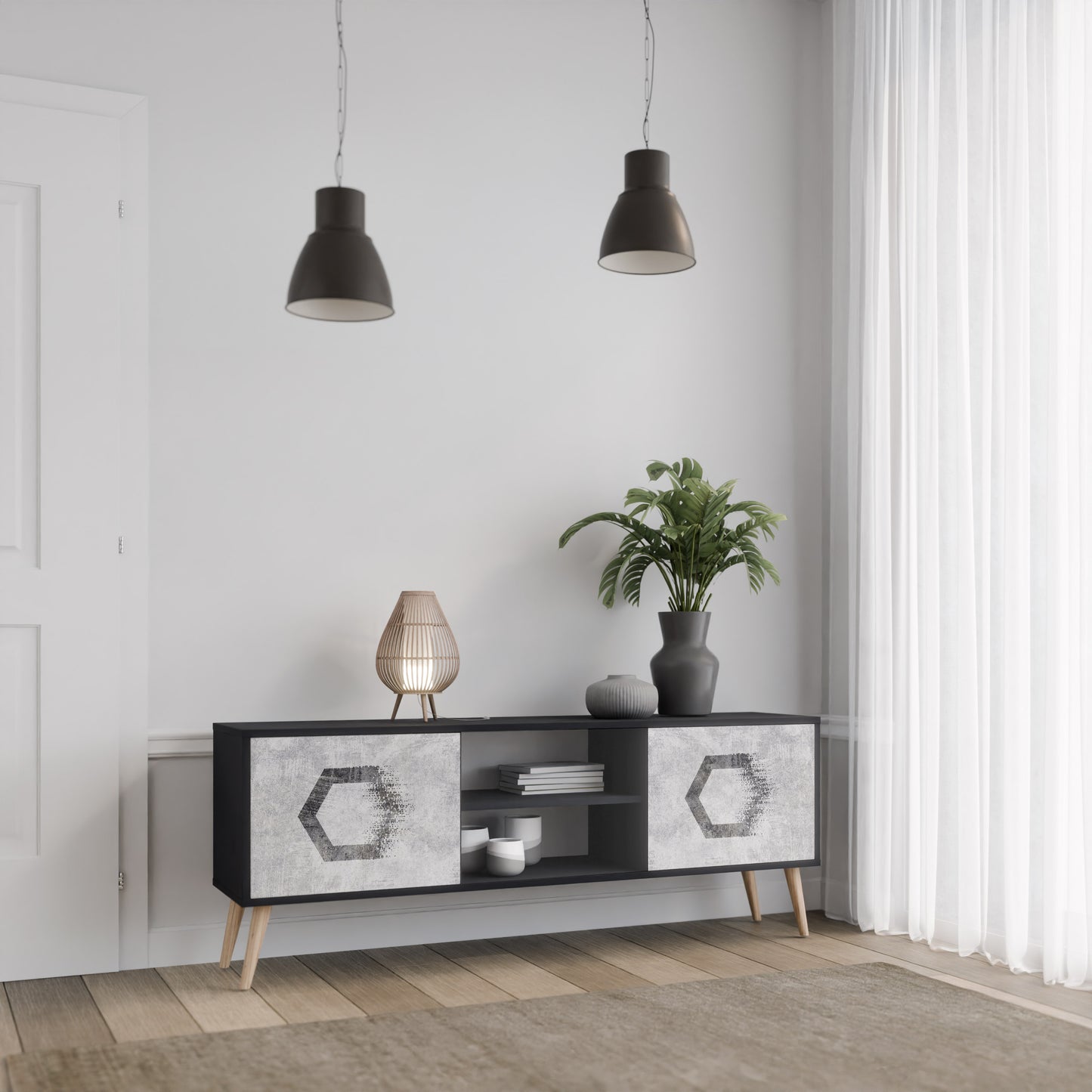 HEXAGONAL FIGURES 2-Door TV Stand in Black Finish