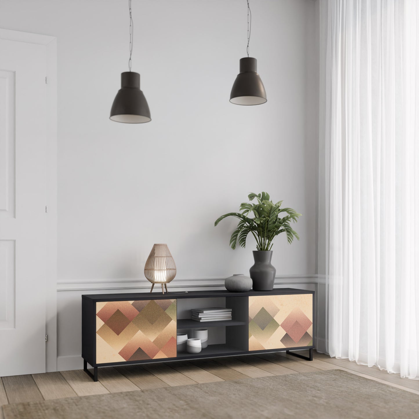 GEOMETRIC FUSION 2-Door TV Stand in Black Finish
