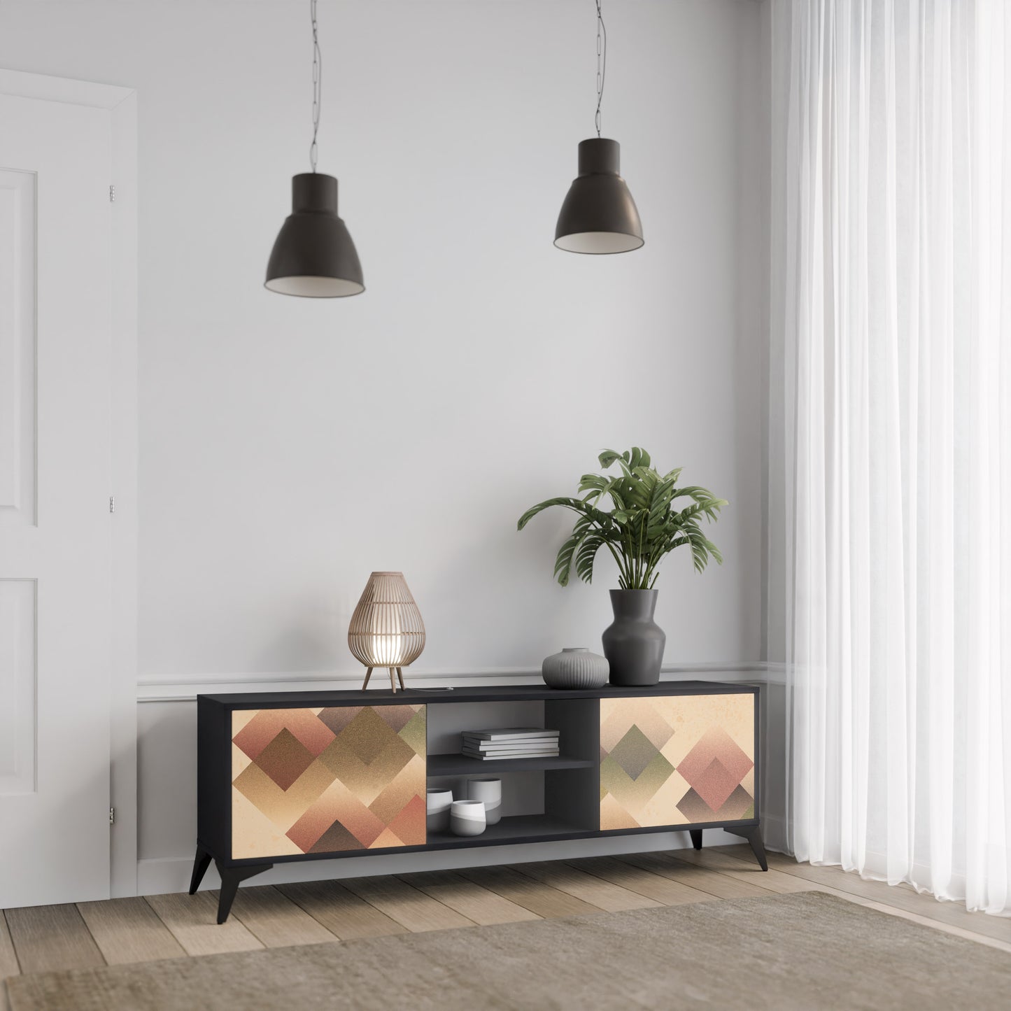 GEOMETRIC FUSION 2-Door TV Stand in Black Finish