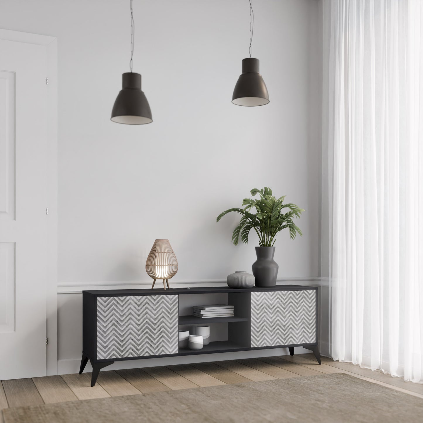 CONCRETE ZIG ZAG 2-Door TV Stand in Black Finish