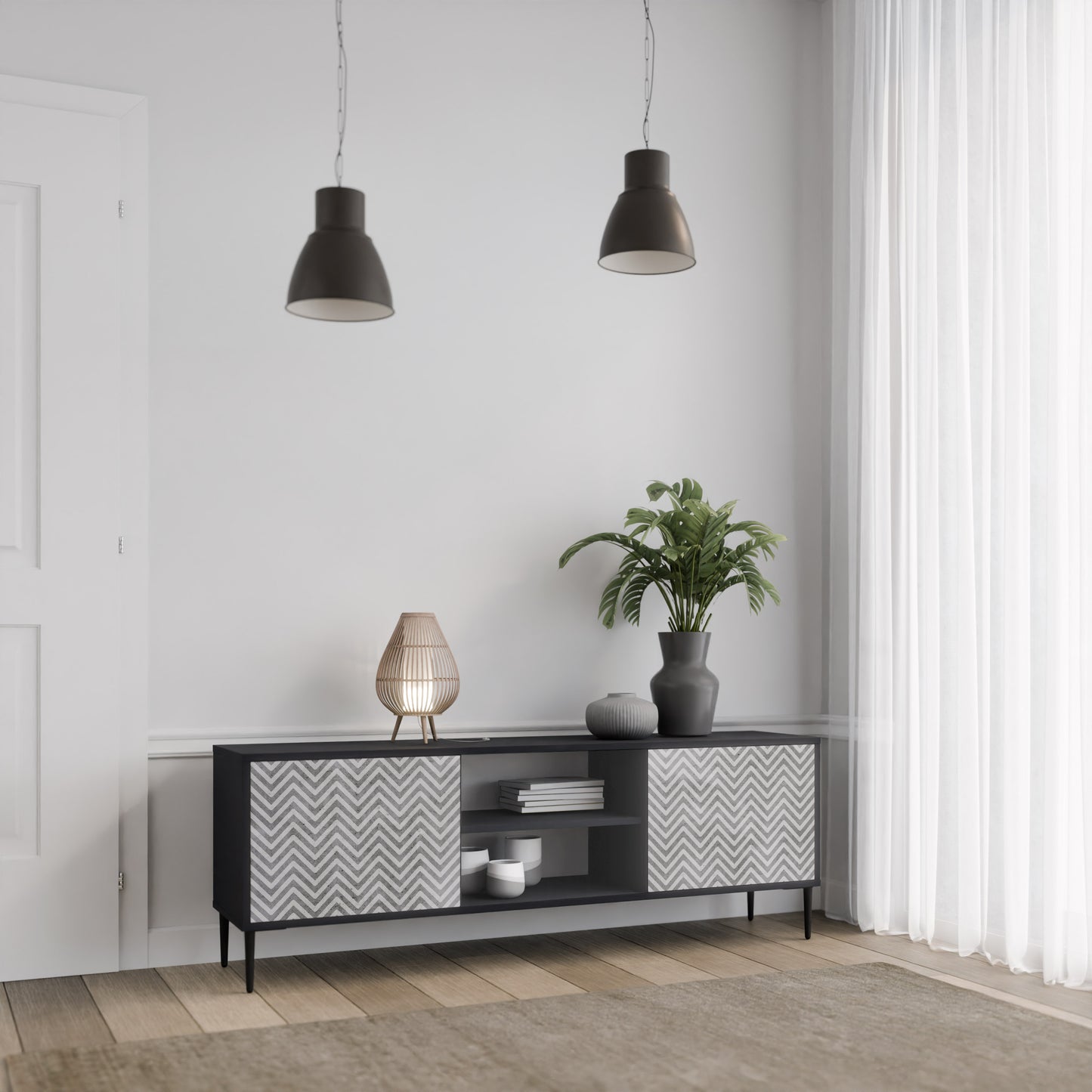CONCRETE ZIG ZAG 2-Door TV Stand in Black Finish