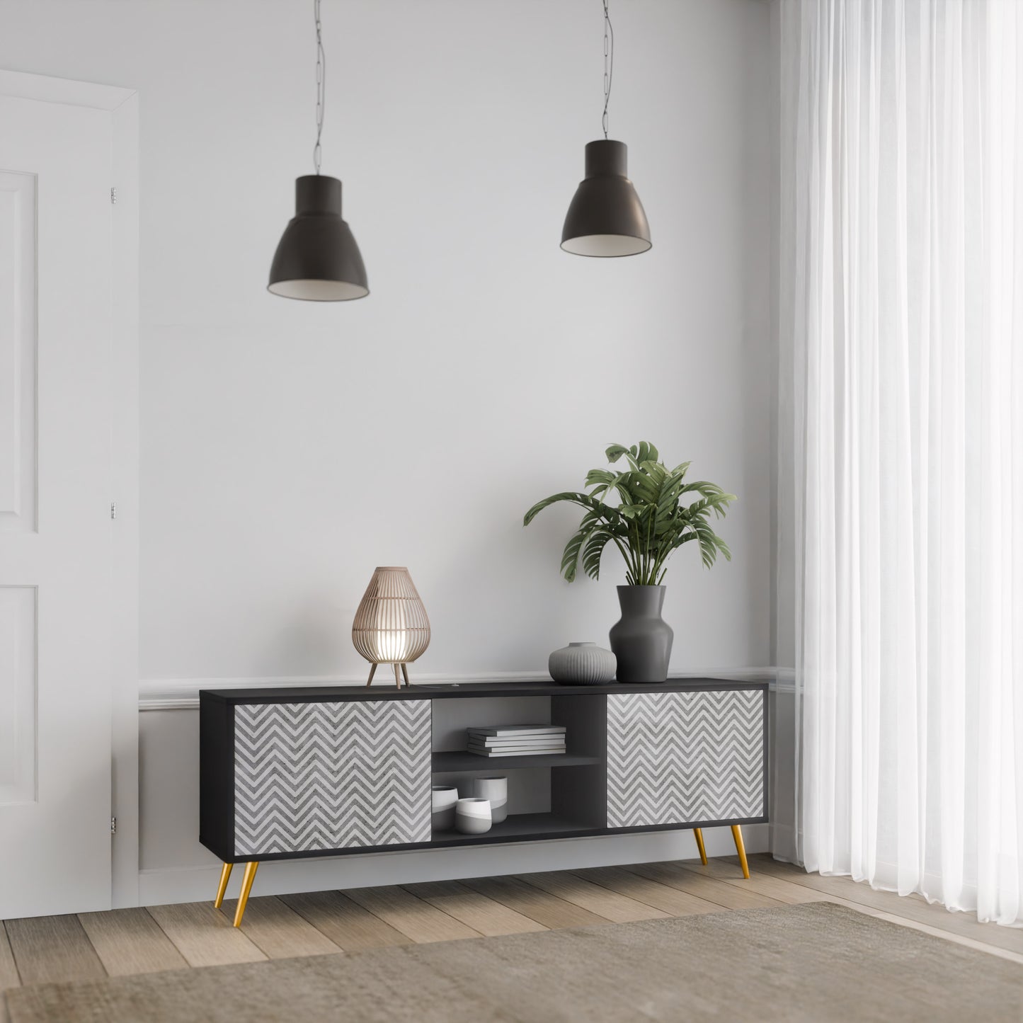 CONCRETE ZIG ZAG 2-Door TV Stand in Black Finish