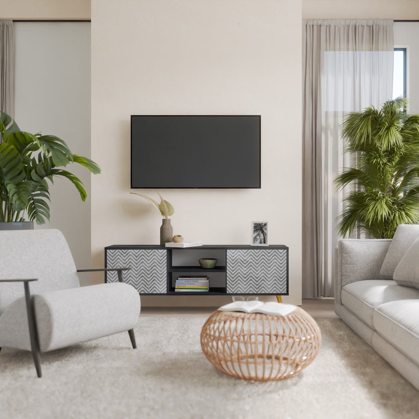 CONCRETE ZIG ZAG 2-Door TV Stand in Black Finish