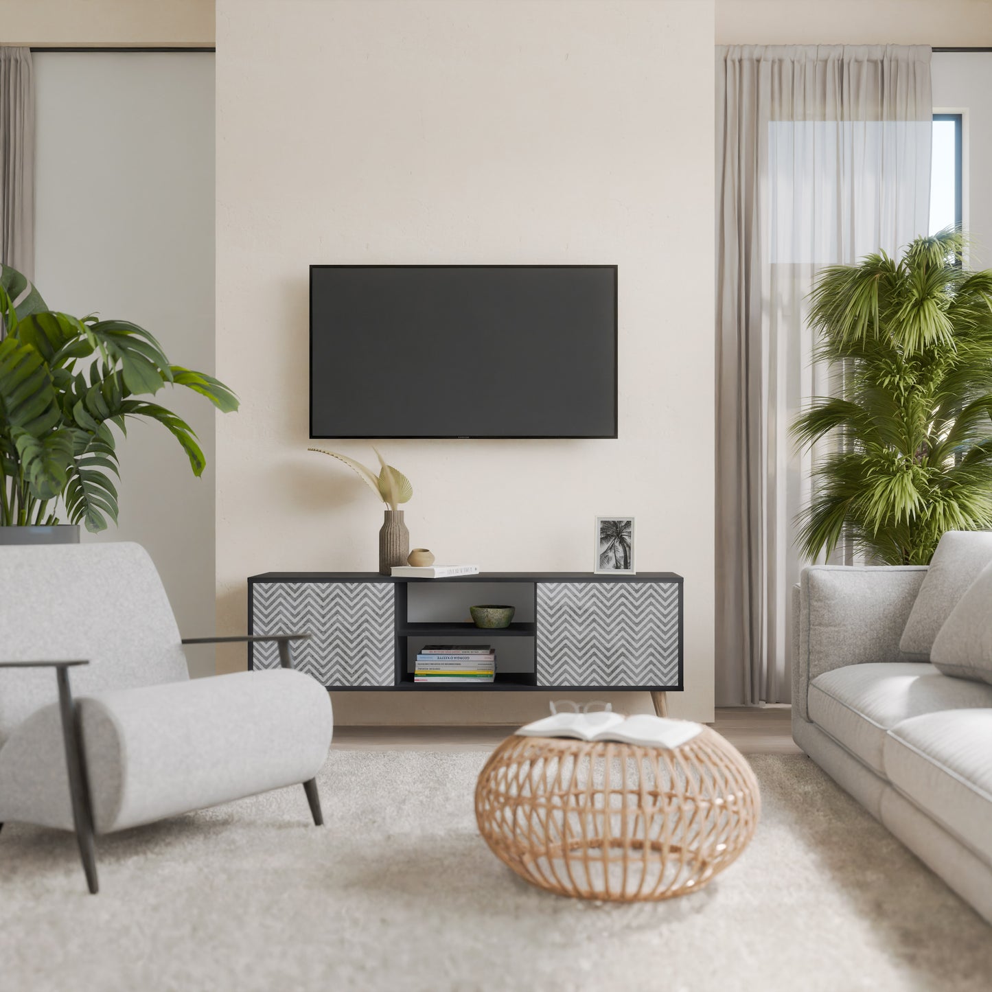 CONCRETE ZIG ZAG 2-Door TV Stand in Black Finish