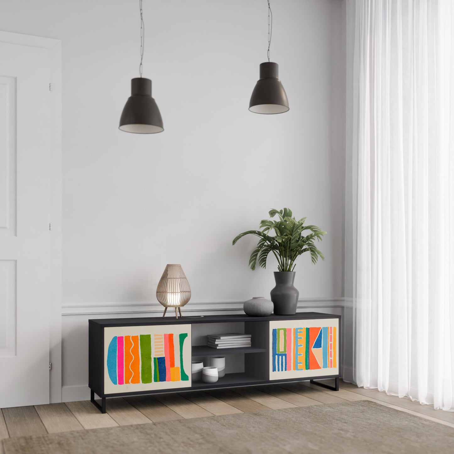 GEOMETRIC SHINE 2-dörrars TV-bänk i svart finish