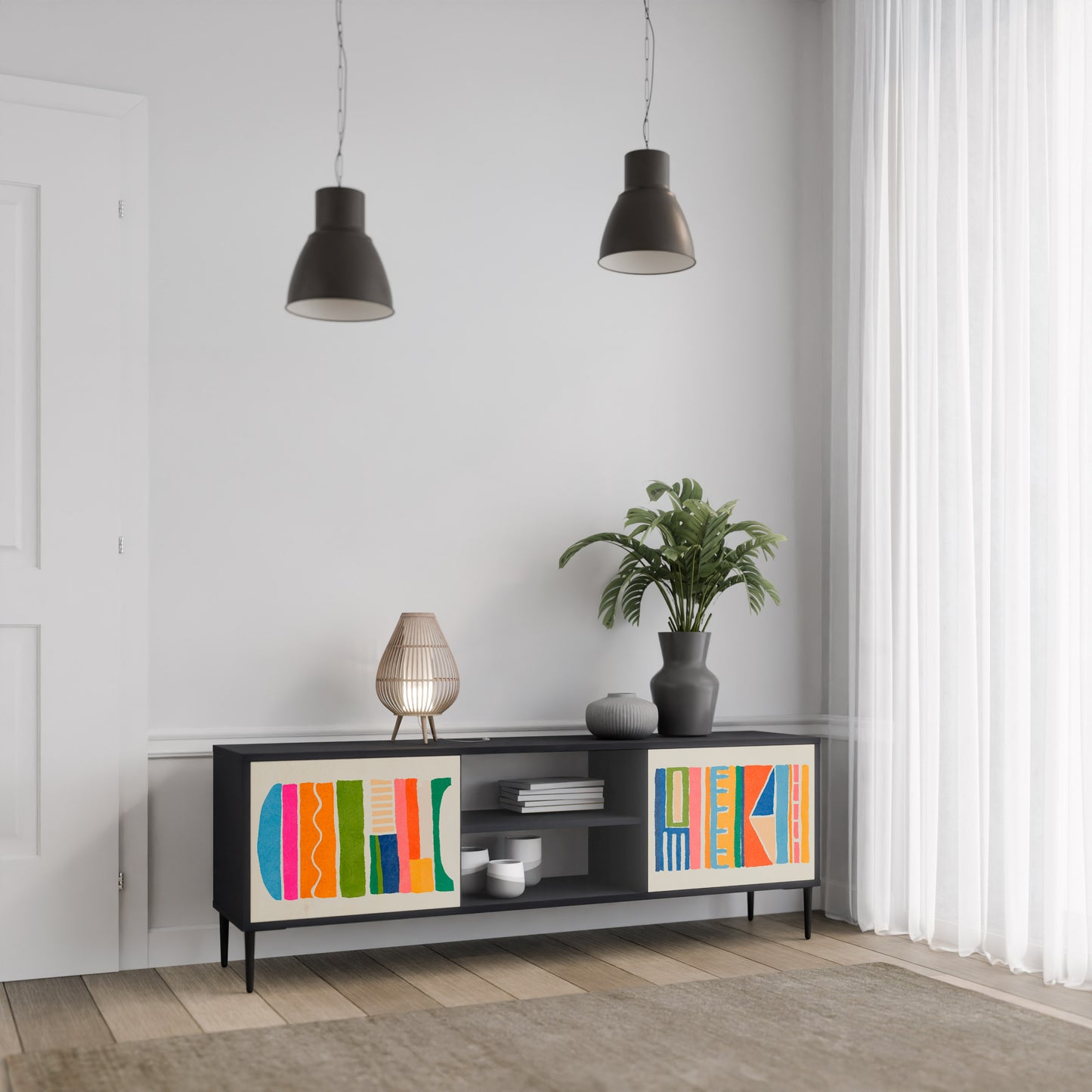GEOMETRIC SHINE 2-dörrars TV-bänk i svart finish