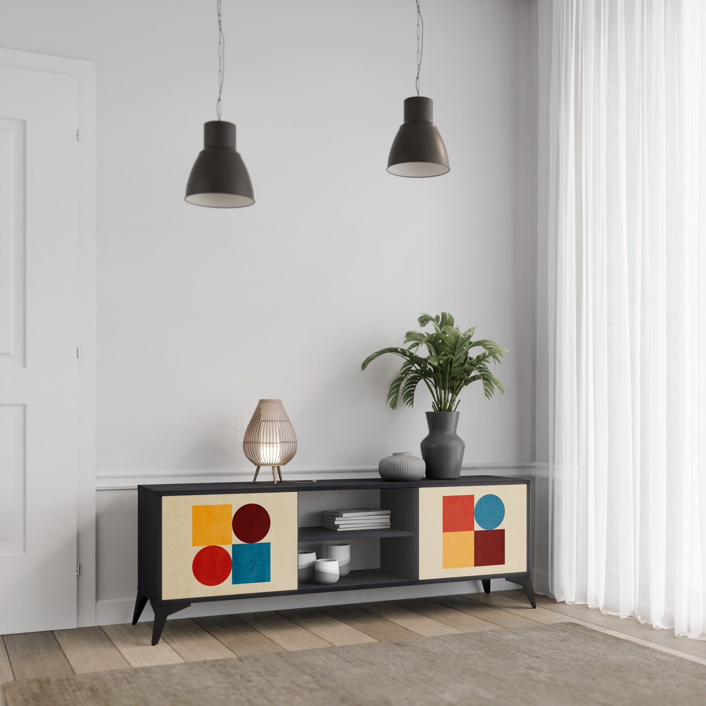 GEOMETRIC PUZZLE 2-Door TV Stand in Black Finish