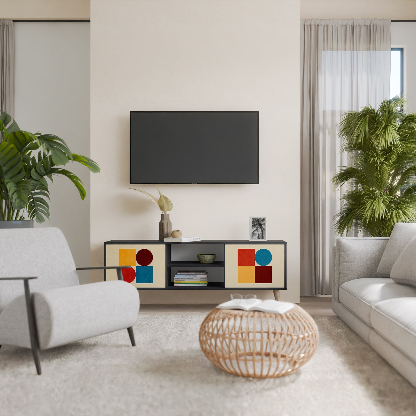 GEOMETRIC PUZZLE 2-Door TV Stand in Black Finish