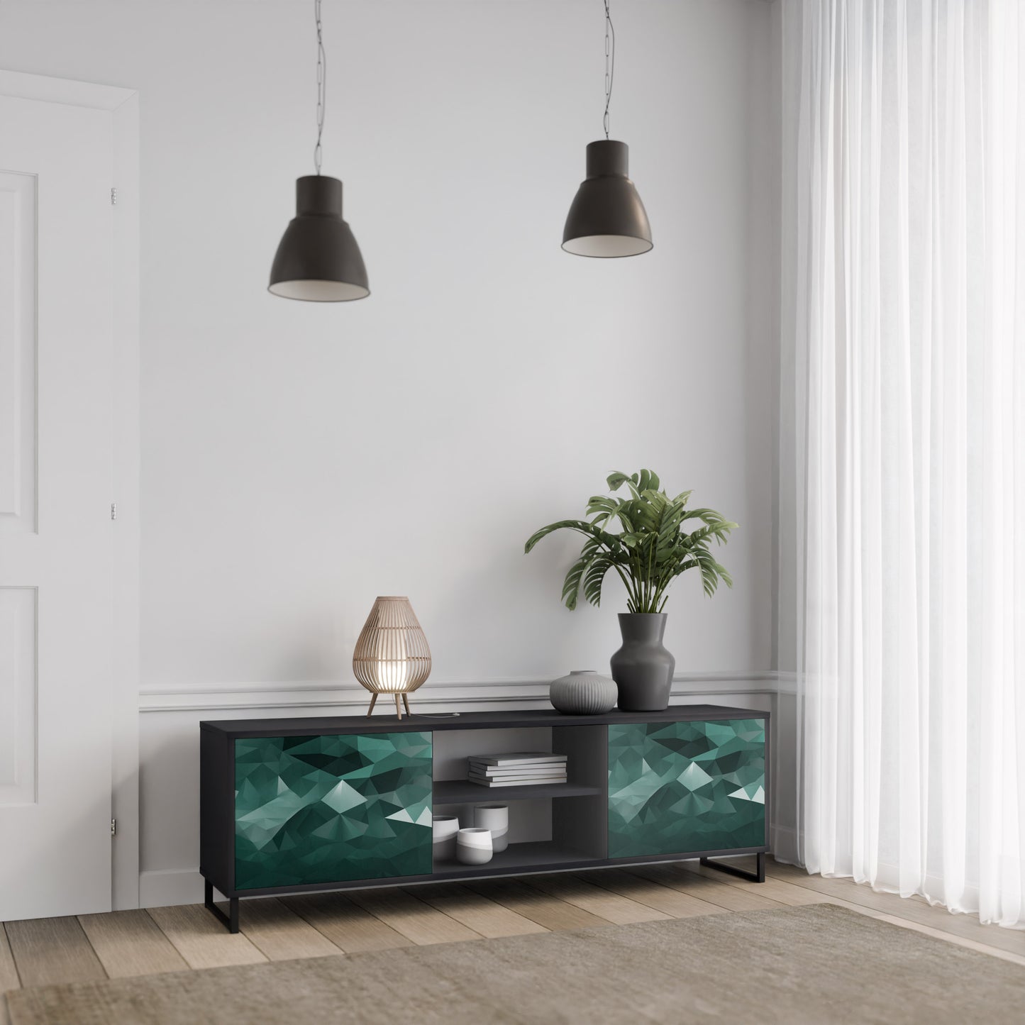 POLYGONAL FLOATING 2-Door TV Stand in Black Finish