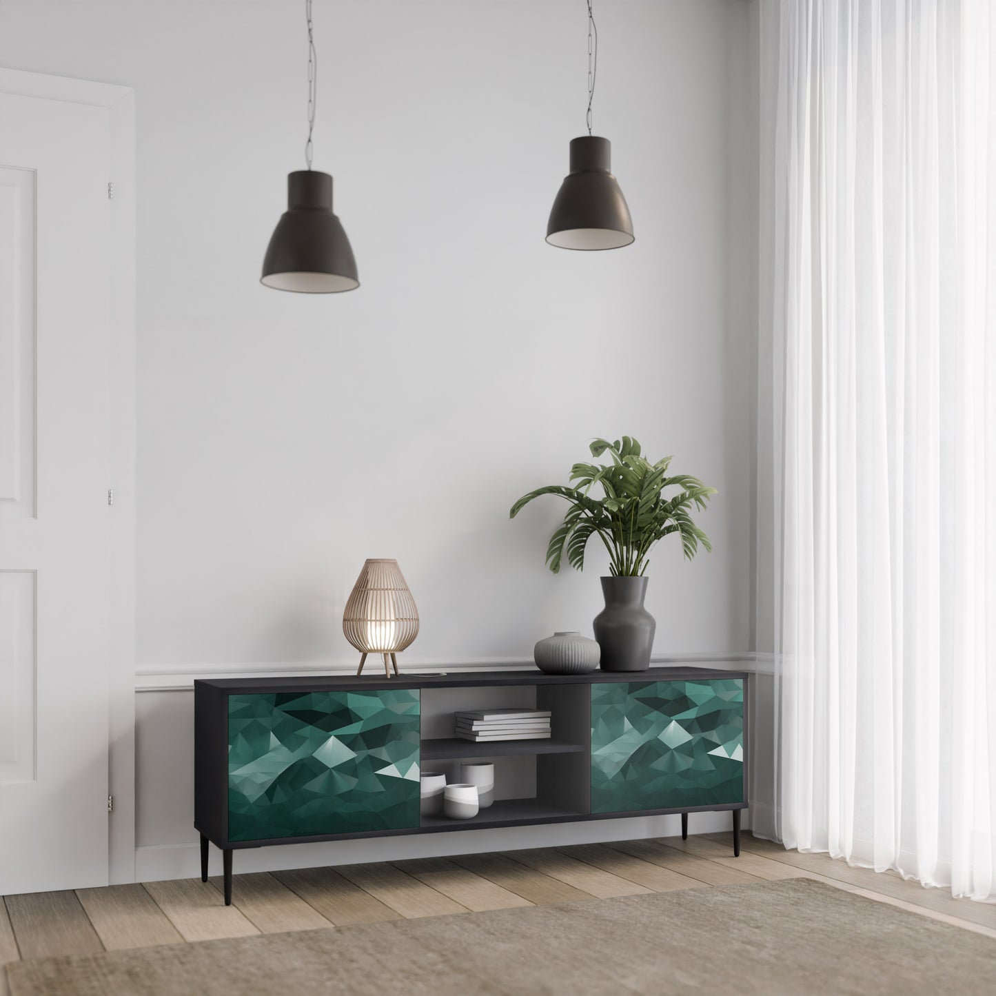 POLYGONAL FLOATING 2-Door TV Stand in Black Finish