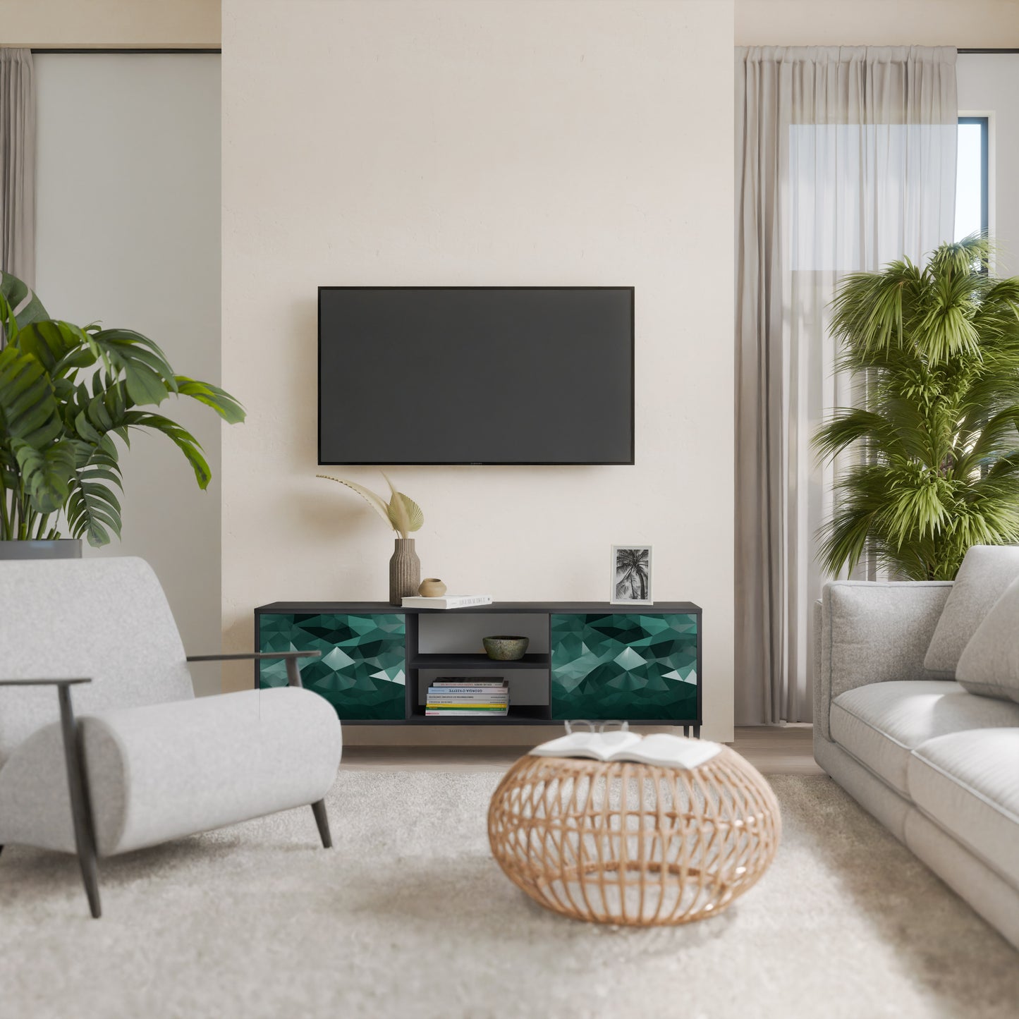POLYGONAL FLOATING 2-Door TV Stand in Black Finish