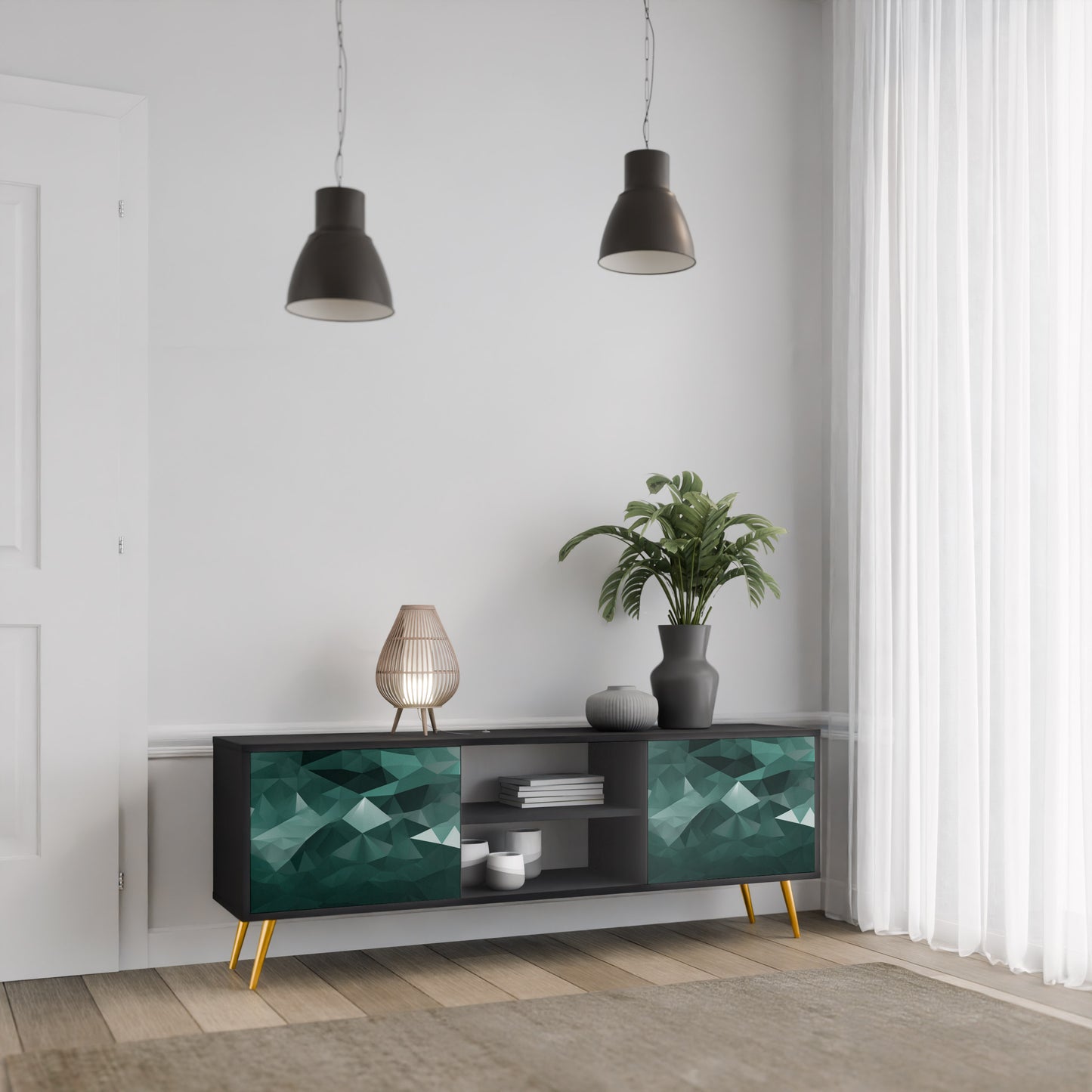 POLYGONAL FLOATING 2-Door TV Stand in Black Finish