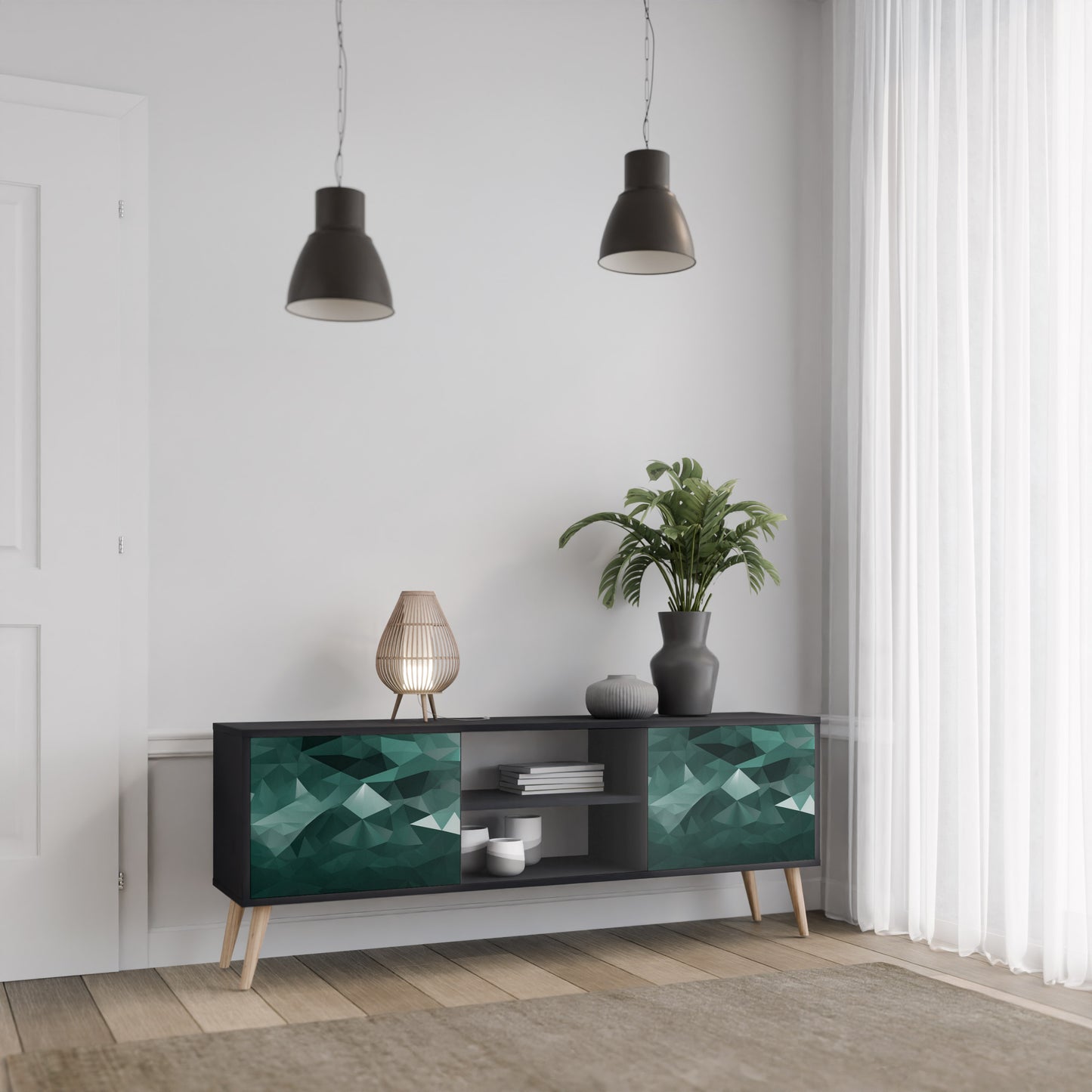 POLYGONAL FLOATING 2-Door TV Stand in Black Finish