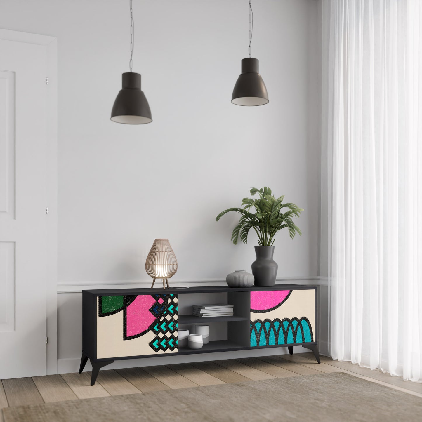 GEOMETRIC RHAPSODY 2-Door TV Stand in Black Finish