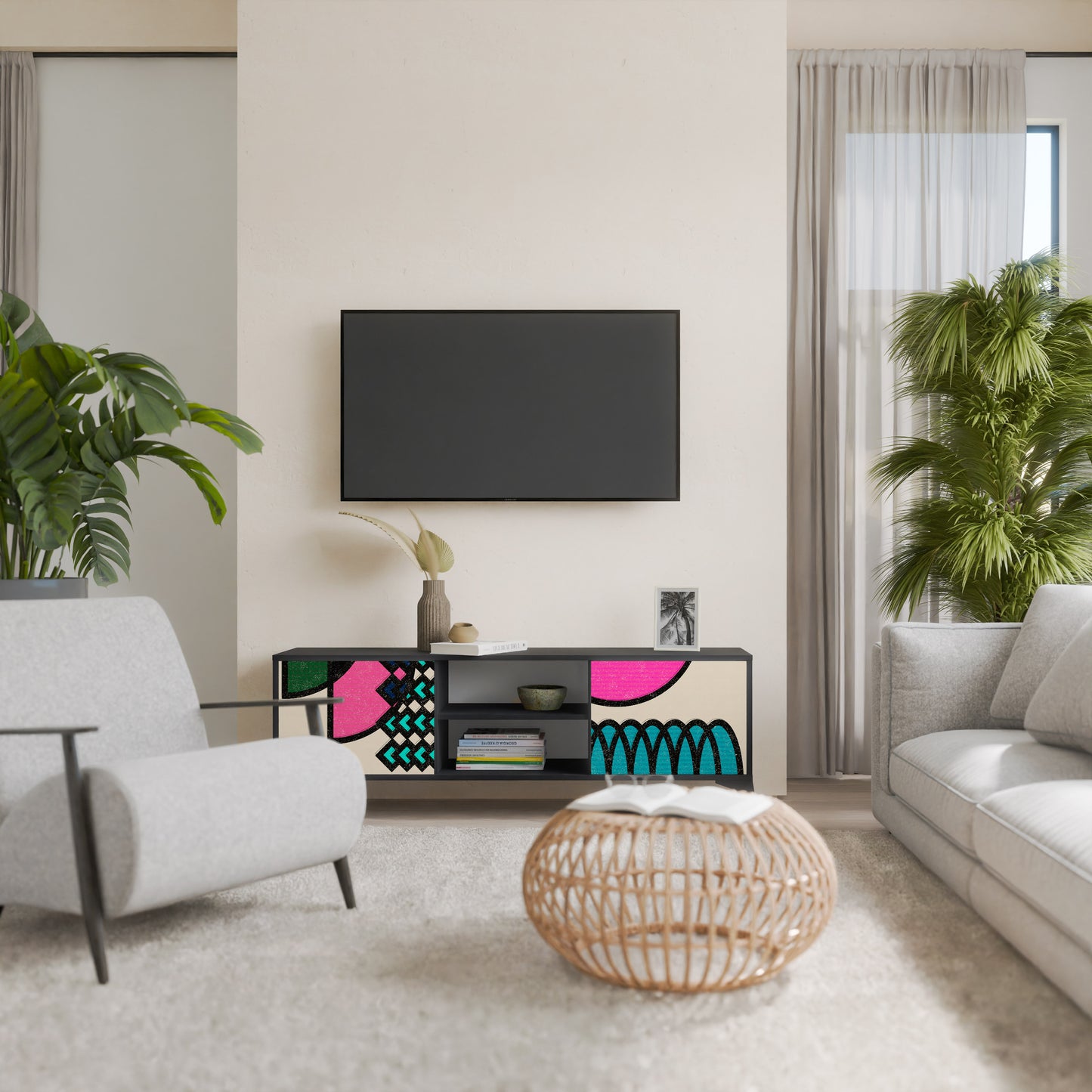 GEOMETRIC RHAPSODY 2-Door TV Stand in Black Finish