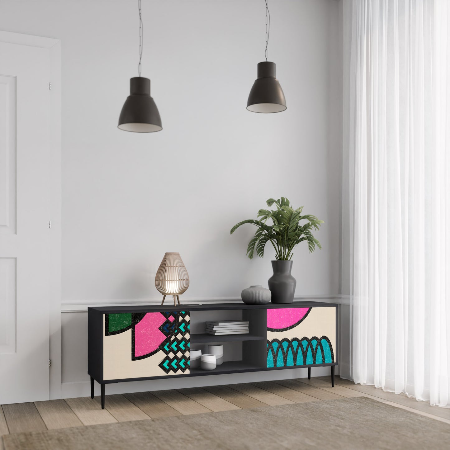 GEOMETRIC RHAPSODY 2-Door TV Stand in Black Finish