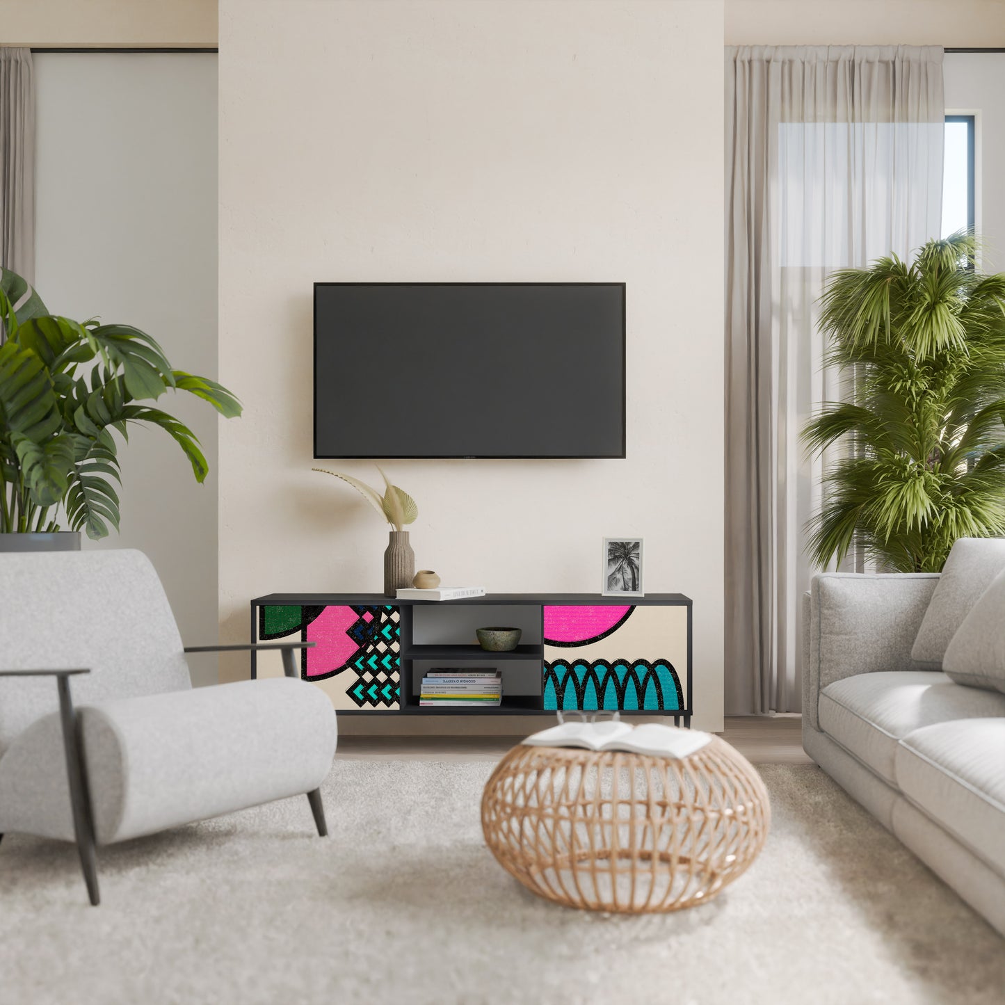 GEOMETRIC RHAPSODY 2-Door TV Stand in Black Finish