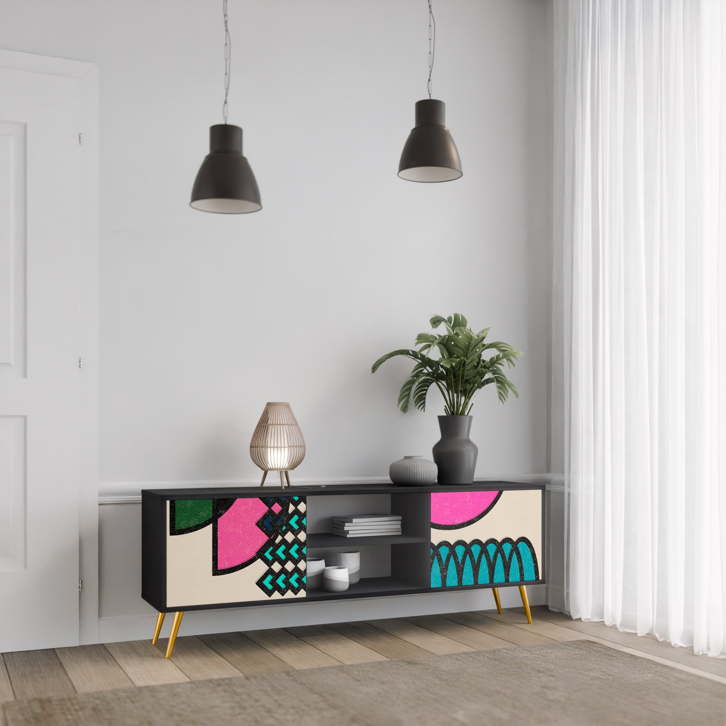 GEOMETRIC RHAPSODY 2-Door TV Stand in Black Finish