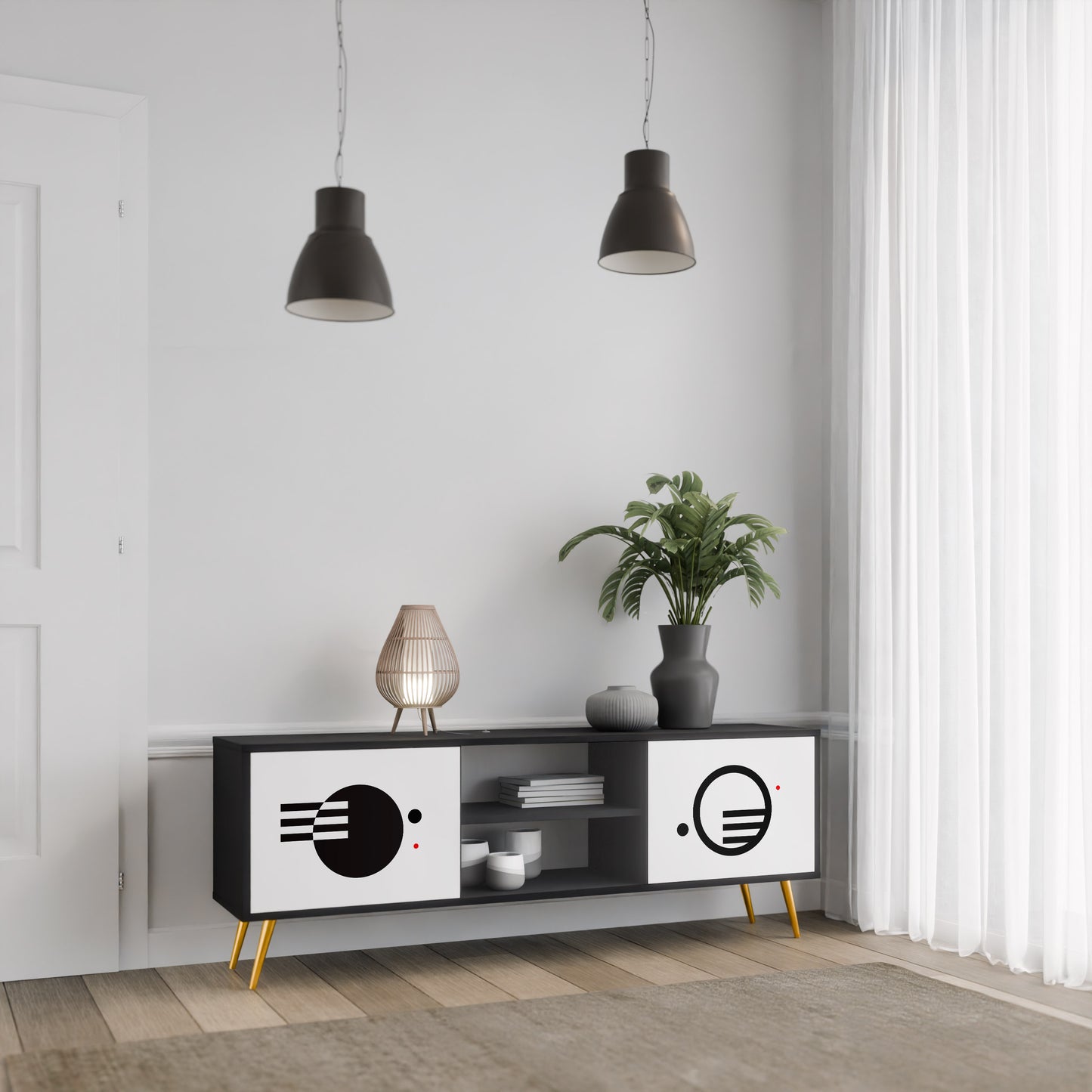 SVART OCH VITT KOMBINATION 2-dörrars TV-bänk i svart finish