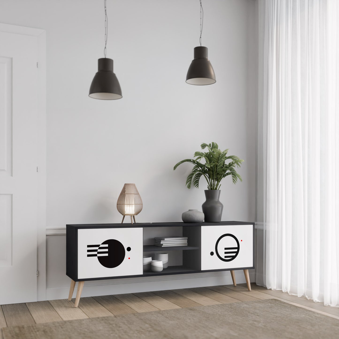 SVART OCH VITT KOMBINATION 2-dörrars TV-bänk i svart finish