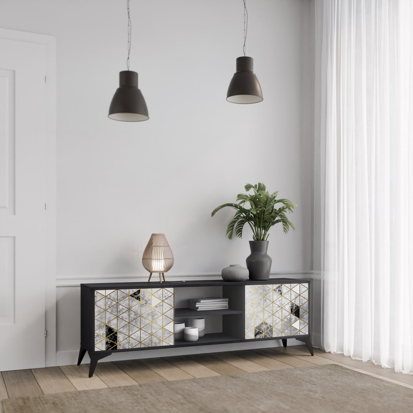 ASHEN ARIA TV-bänk med 2 dörrar i svart finish