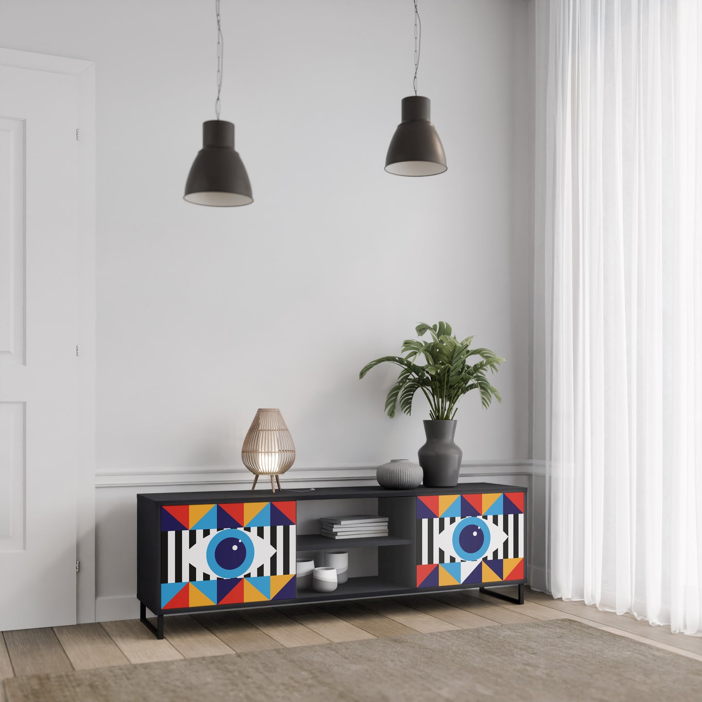 ABSTRAKTION OCH GEOMETRI 2-dörrars TV-bänk i svart finish