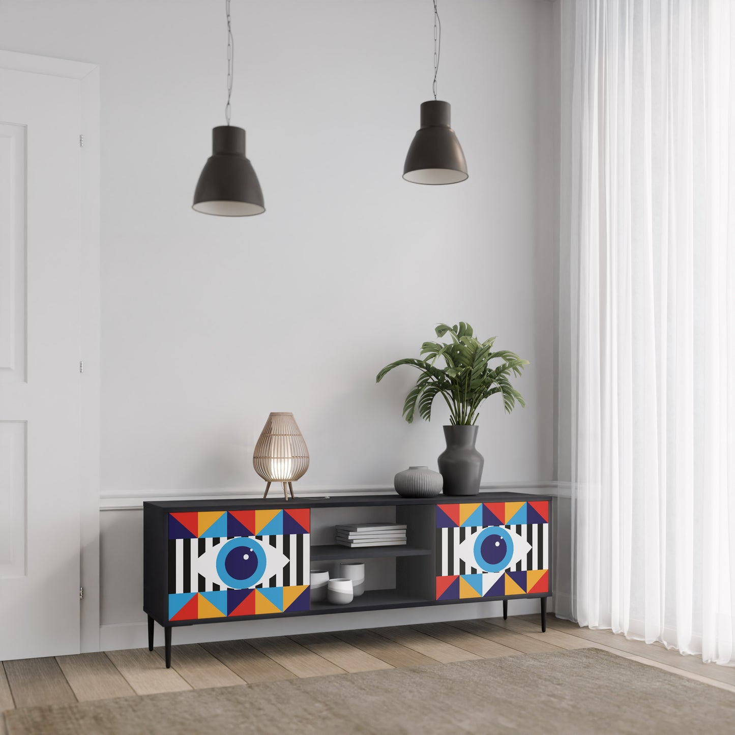 ABSTRAKTION OCH GEOMETRI 2-dörrars TV-bänk i svart finish