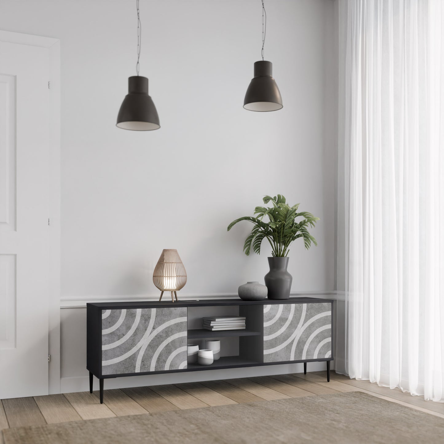 CIRCLE CONCRETE 2-dörrars TV-bänk i svart finish