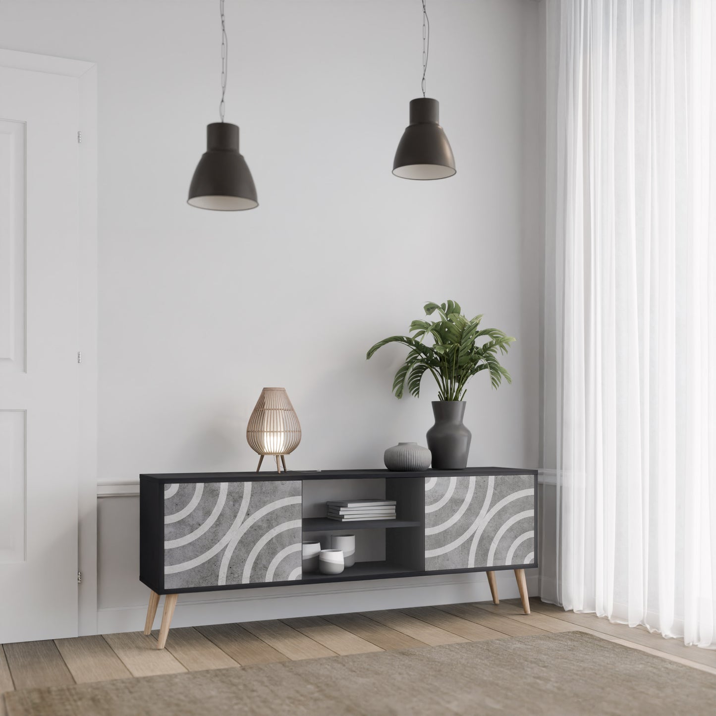 CIRCLE CONCRETE 2-dörrars TV-bänk i svart finish