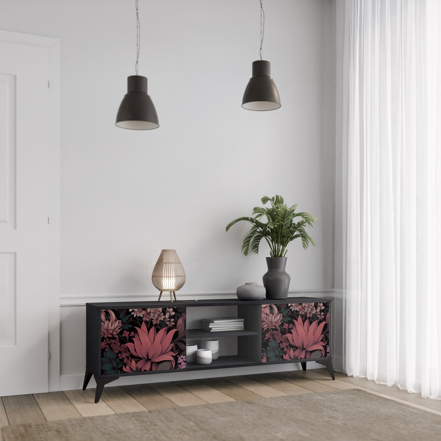 FLORAL WHISPER 2-dörrars TV-bänk i svart finish