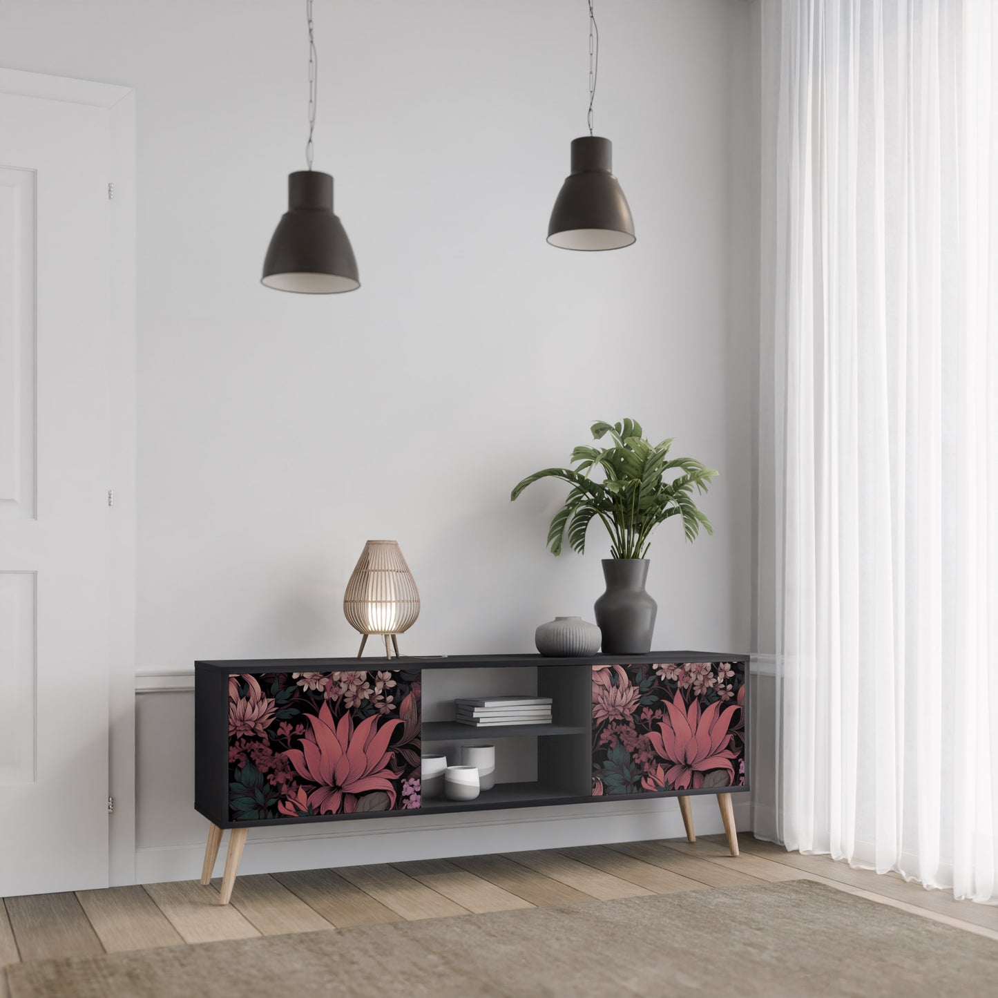 FLORAL WHISPER 2-dörrars TV-bänk i svart finish