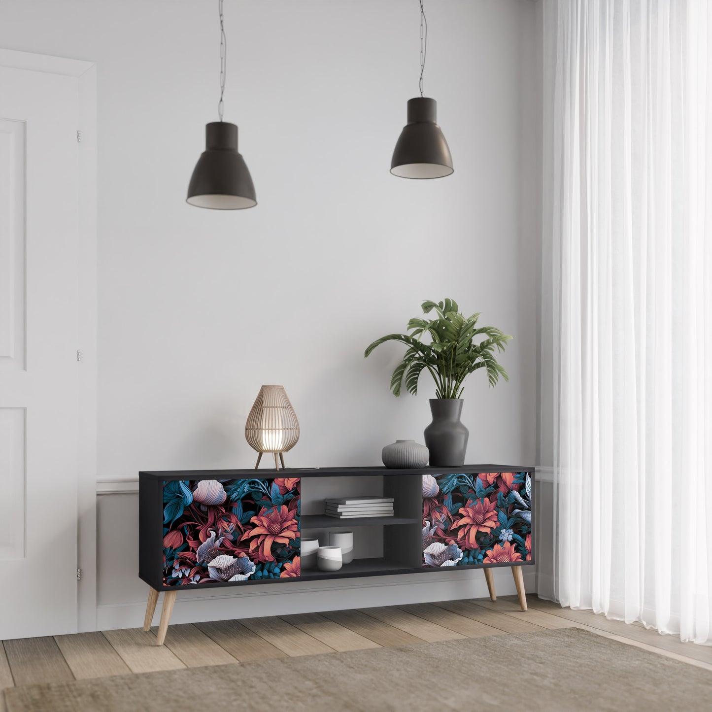 ETHEREAL BLOSSOMS 2-dörrars TV-bänk i svart finish