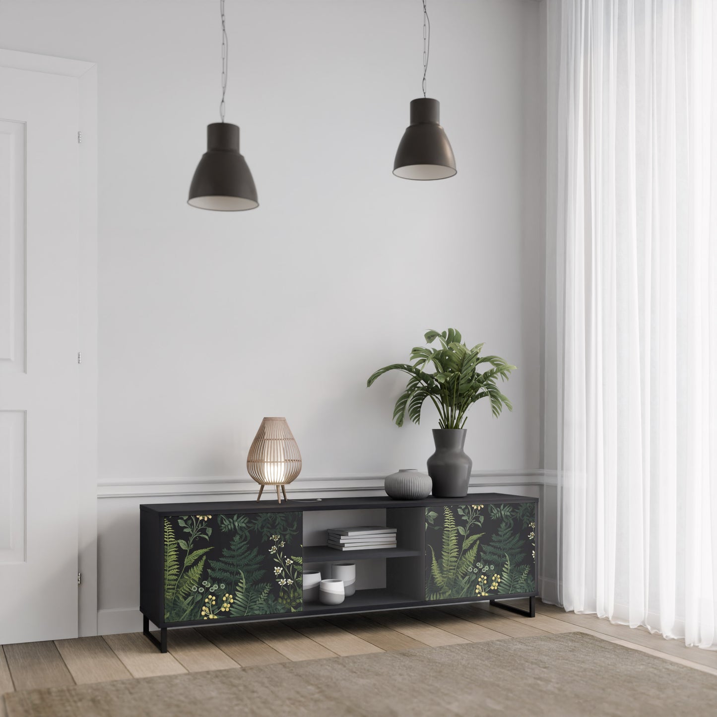 FERN FLOWERS 2-dörrars TV-bänk i svart finish