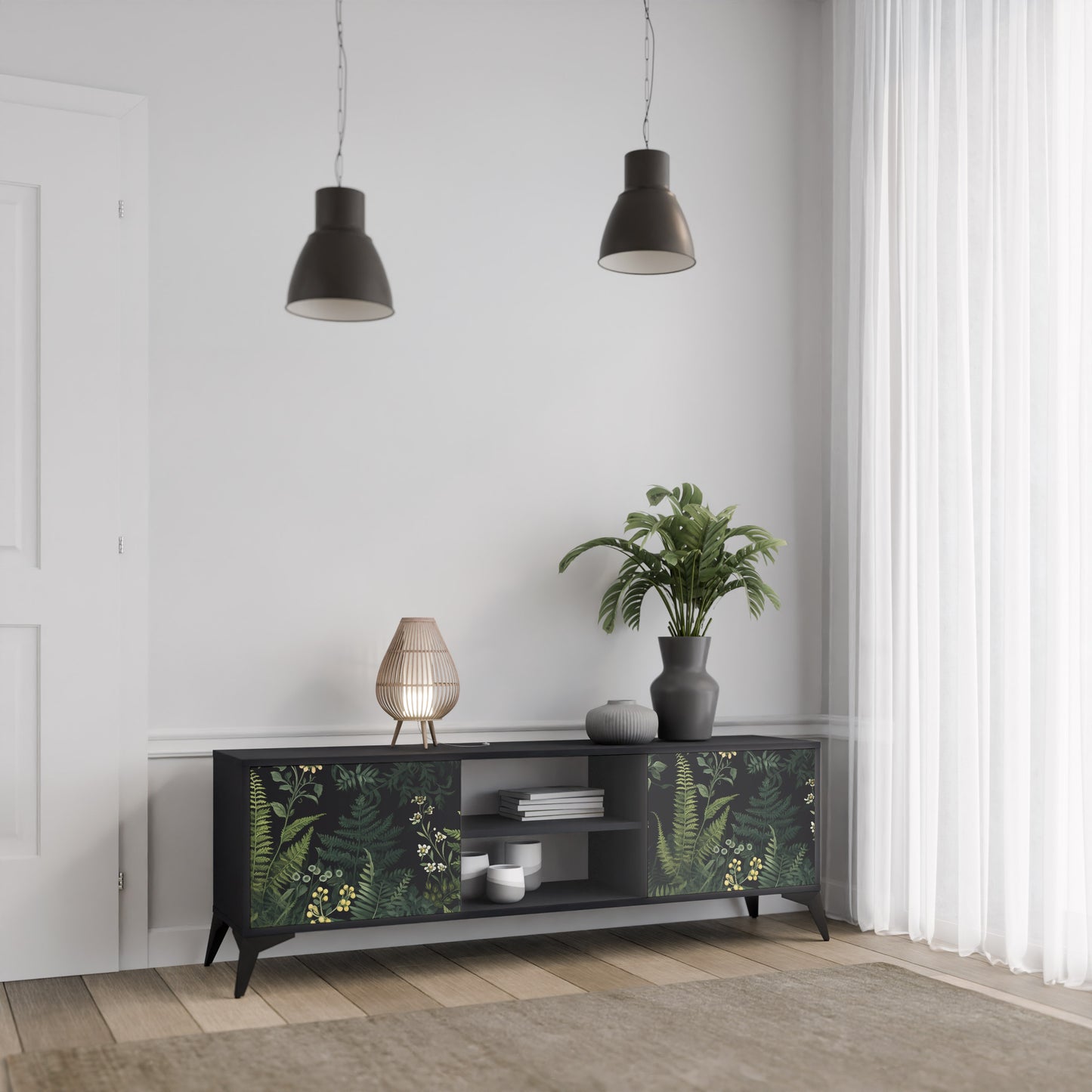 FERN FLOWERS 2-dörrars TV-bänk i svart finish
