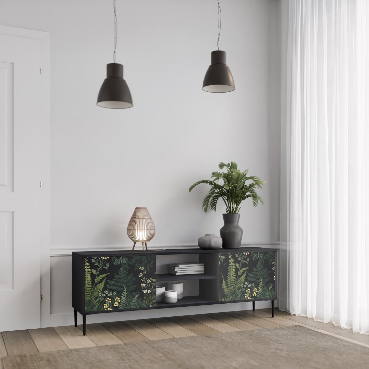 FERN FLOWERS 2-dörrars TV-bänk i svart finish