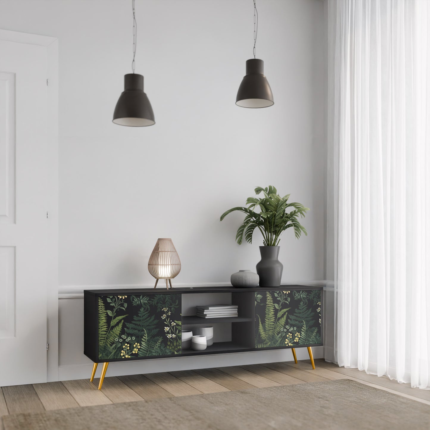 FERN FLOWERS 2-dörrars TV-bänk i svart finish