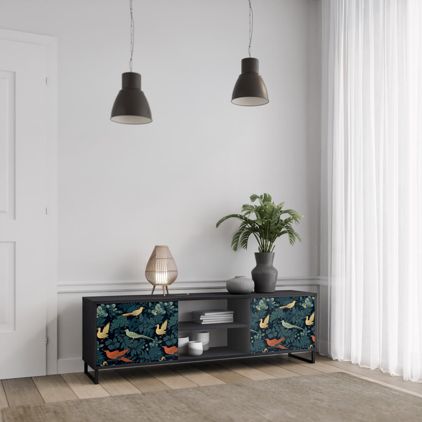 FOWL ORNAMENT 2-dörrars TV-bänk i svart finish