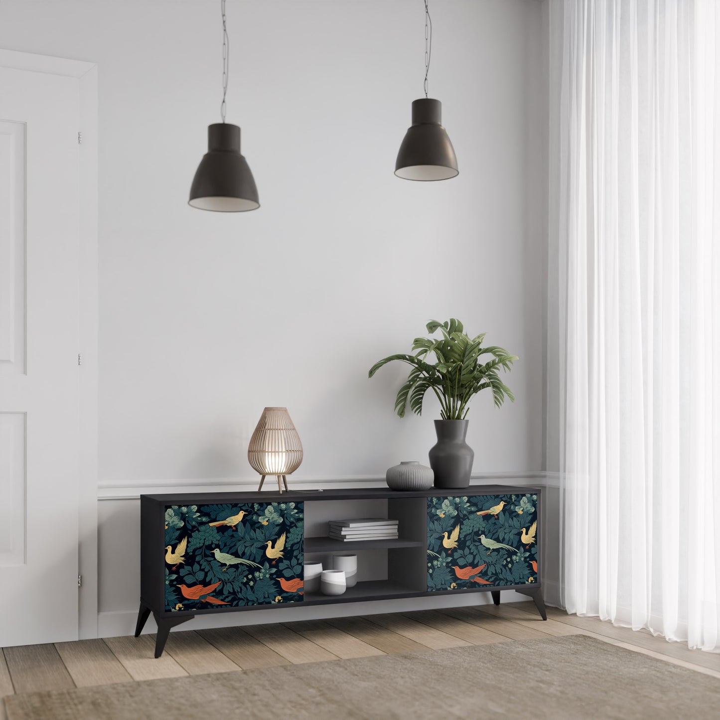 FOWL ORNAMENT 2-dörrars TV-bänk i svart finish