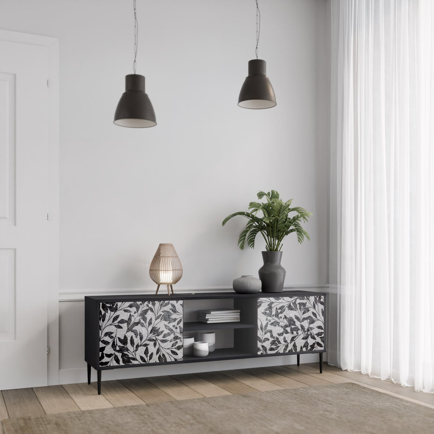 CHARCOAL SPROUT 2-dörrars TV-bänk i svart finish