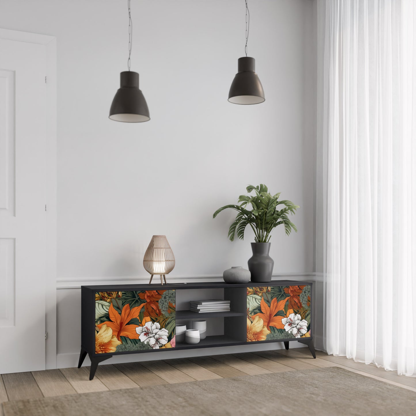 RADIANT FLORA 2-dörrars TV-bänk i svart finish