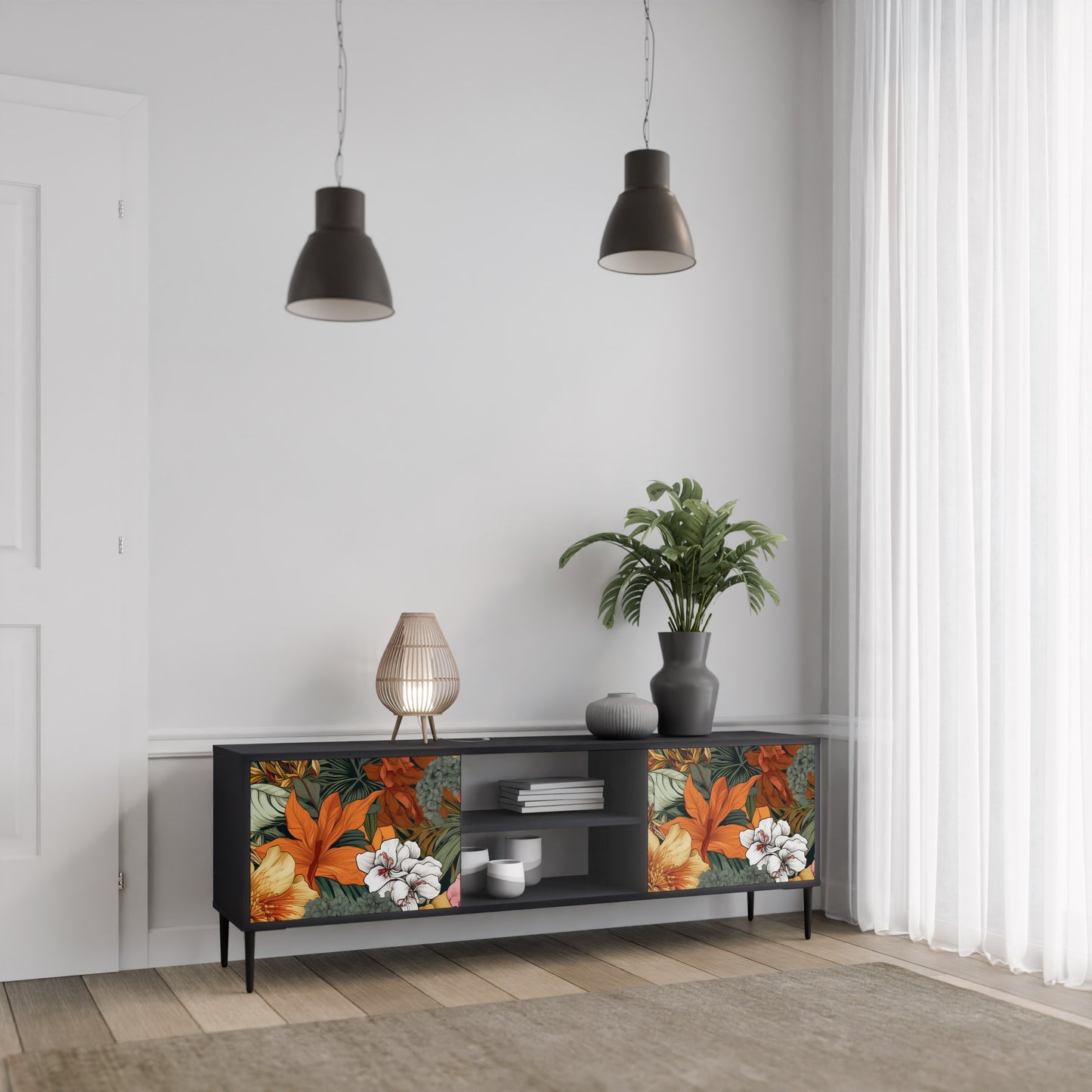 RADIANT FLORA 2-dörrars TV-bänk i svart finish