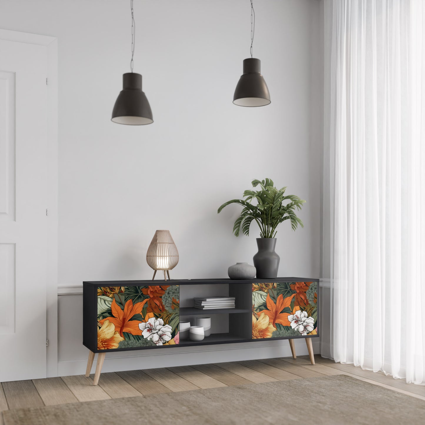RADIANT FLORA 2-dörrars TV-bänk i svart finish