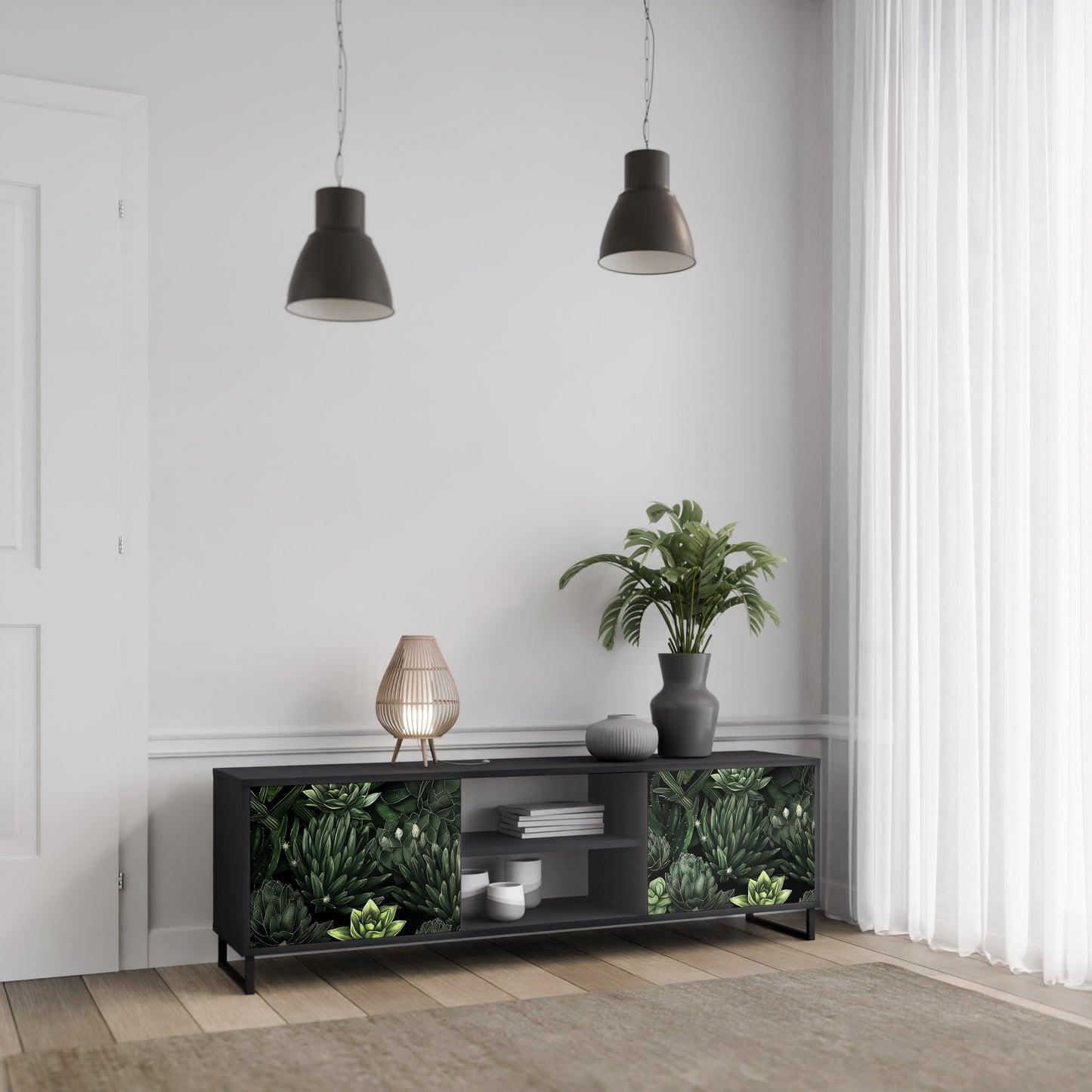 SUCCULENT JUNGLE 2-dörrars TV-bänk i svart finish