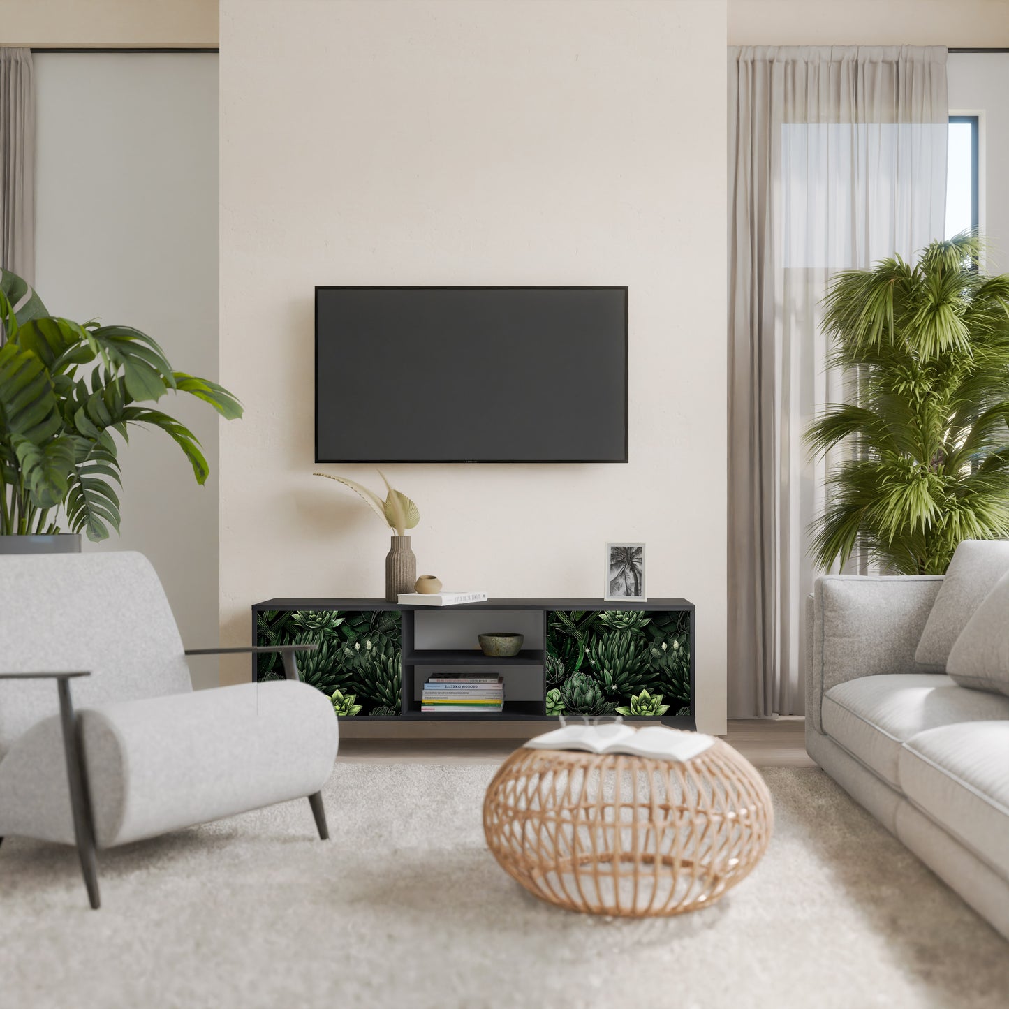SUCCULENT JUNGLE 2-dörrars TV-bänk i svart finish