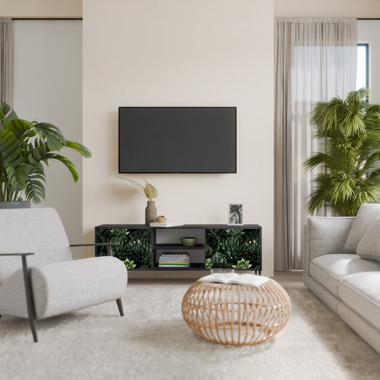 SUCCULENT JUNGLE 2-dörrars TV-bänk i svart finish